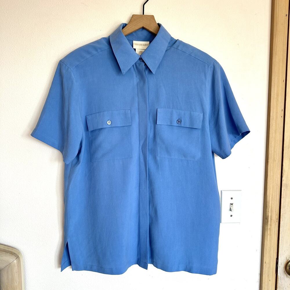 Vintage 100% Silk Short Sleeve Camp Shirt Christie & Jill Blouse Coastal Granny